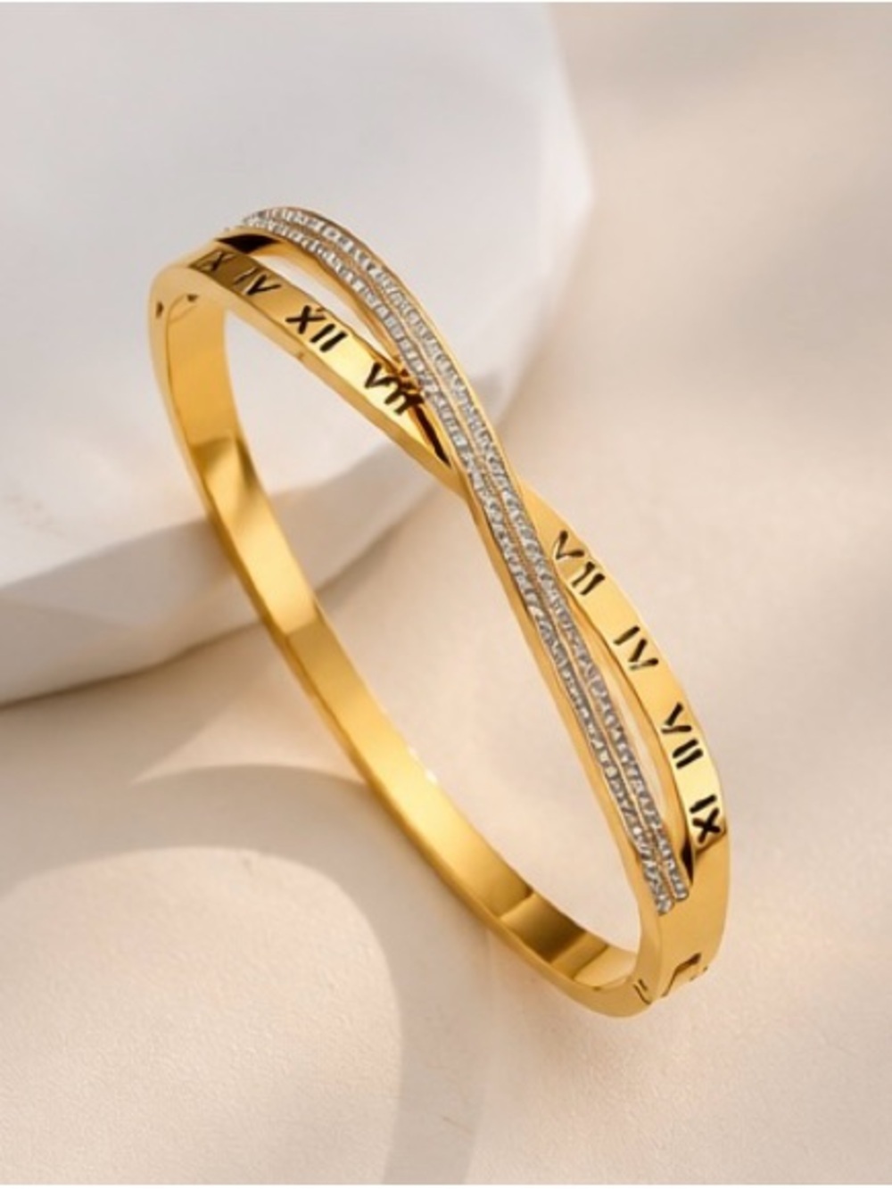 Luxury Roman Numeral Crystal Gold Bangle Bracelet